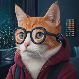 an orange and white cat wearing glasses sitting on a chair