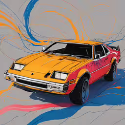 an illustration of a car with bright colors on it,an abstract drawing of a yellow car in color