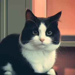 a black and white cat is sitting on a table
