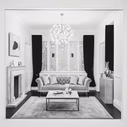 the drawing of a white living room with an old style sofa