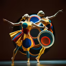 two female dancers in colorful, circular outfits are performing