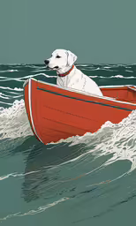 a dog sits on the front of a small boat,white dog in a red boat floating on the ocean