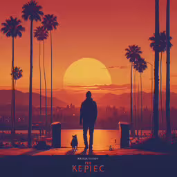 a man standing in front of the sunset on the road,a poster of the movie kerpee shows a man walking his dog on a boardwalk