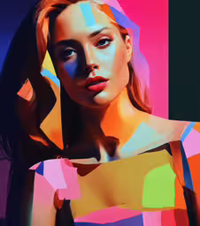 a woman in a colorful painting with multiple shades,the model is wearing a brightly colored dress