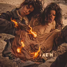 two people are wrapped in flame and sitting on some rocks