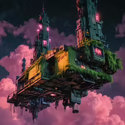 a futuristic building floating in the air surrounded by clouds