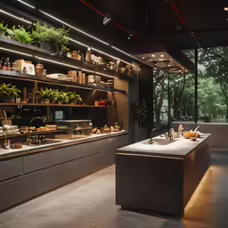 an elegant kitchen area with lots of greenery and lights