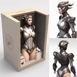 a woman dressed in a costume and standing inside of a box
