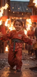 a child wearing an orange suit smiles while standing in front of some fire and smoke