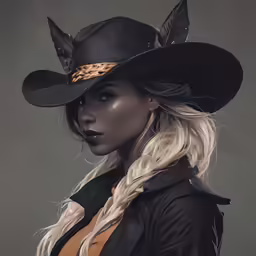 a woman wearing a hat with horns, with long blonde hair