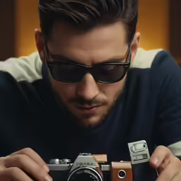 a man is holding a camera while wearing sunglasses