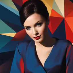 a young woman with dark hair wearing a red lipstick