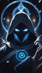 the person in a hooded hoodie has glowing eyes