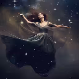 a girl in a dress is dancing among the stars,a woman in an airy dress floating through the sky