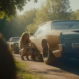 a girl kneeling next to a vintage car