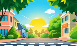 the sun is rising over a city with trees