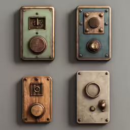four different color and metal objects on gray surface
