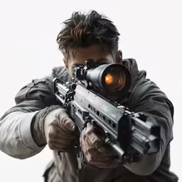 the man is aiming a rifle at the camera