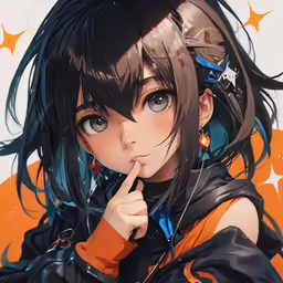 an anime style girl with black hair and blue eyes