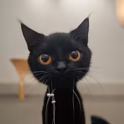 there is a black cat that has been wearing a bead around its neck