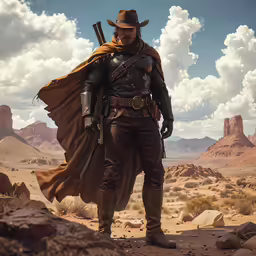 a man in a cowboy hat, trench coat and two long black boots stands in the desert