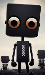 a black robot stands on a rock with four chairs around it