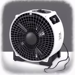 an electric fan sits on the table
