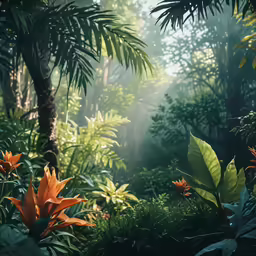 tropical forest scene with sunbeams and orange flowers