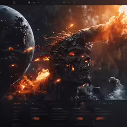 a screenshot of a space station in fire with a skeleton
