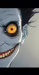 an animated painting of a smiling joker with his yellow eyes