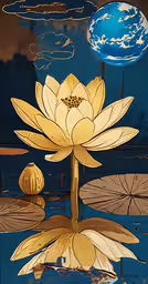 a water lily with a moon shining on the water,a lit up flower is floating on water