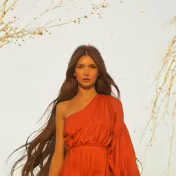a woman standing next to a tree in an orange dress