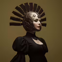 a woman wearing a costume that has a circular mask on top