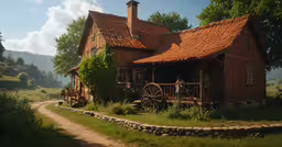 a old wooden house with an old cart outside,a woman is in a wheel - powered bicycle near a country house