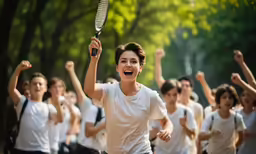 a woman is holding a tennis racket in front of people