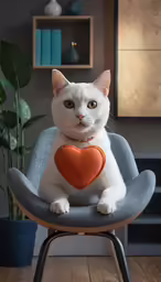 a cat sitting in a chair with a heart