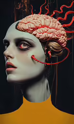 a woman with a strange head with multiple electrical parts in her body