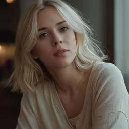 a blonde haired woman with blue eyes sits and looks into the distance