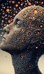 a man in an abstract artwork work looks into the sky