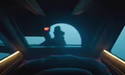 a silhouette in the back seat of a car as if driving