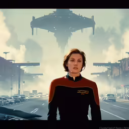 a sci - filicant woman standing in a city with an airplane in the background