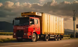 a yellow and red truck traveling down the road,a large red and yellow truck is coming down the road