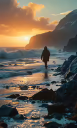 a person walks along the water with a surfboard