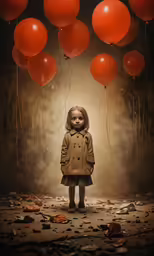 an adult looking like a doll stands in front of orange balloons