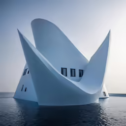 the unusual building sits over the water, with its large triangular shape