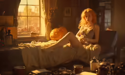 an orange haired girl wearing stockings sits in a chair at the table