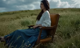 a woman sitting in a chair with her hands behind her back in a field