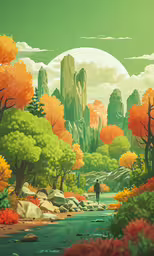 an image of man walking alone through forest,a man standing in a rocky river surrounded by green trees