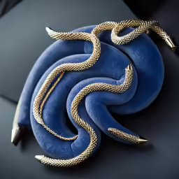 a golden snake is laying on a blue cushion