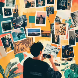the person looks at pictures on the wall